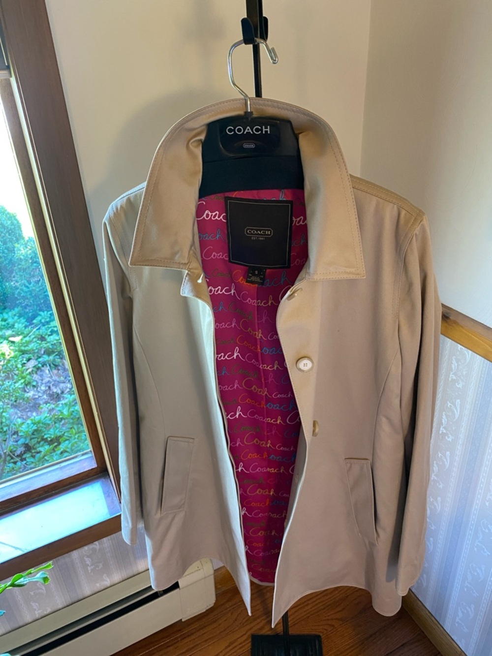Coach Beige Trench Coat with Pink Logo Lining